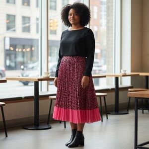 WD NY Skirt Black Pink Floral‎ Chiffon Midi Length Size XL Extra Large